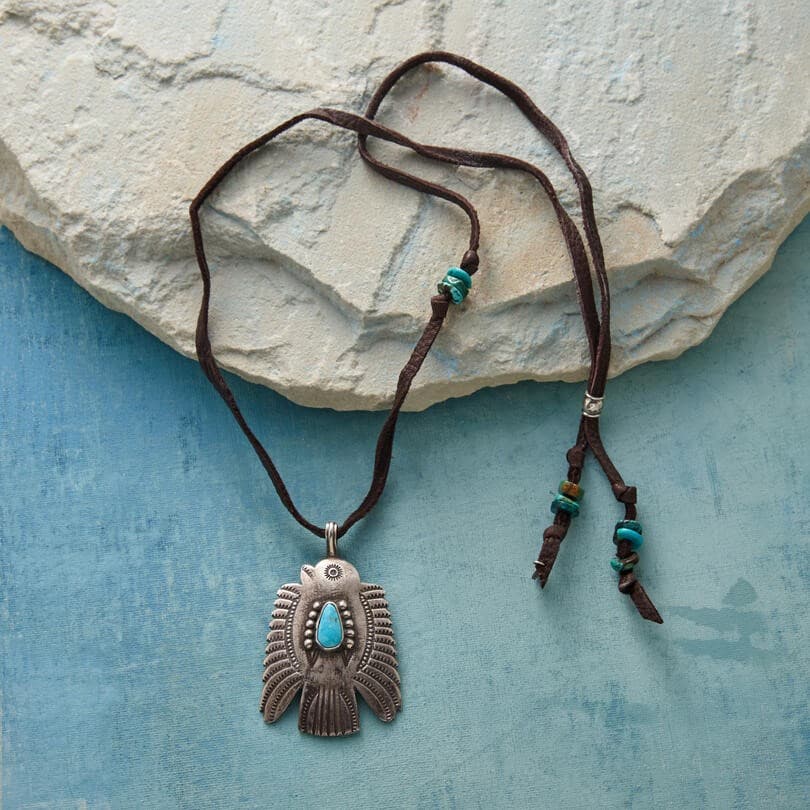THUNDERBIRD SHAPE SILVER PENDENT SUEDE NECKLACE