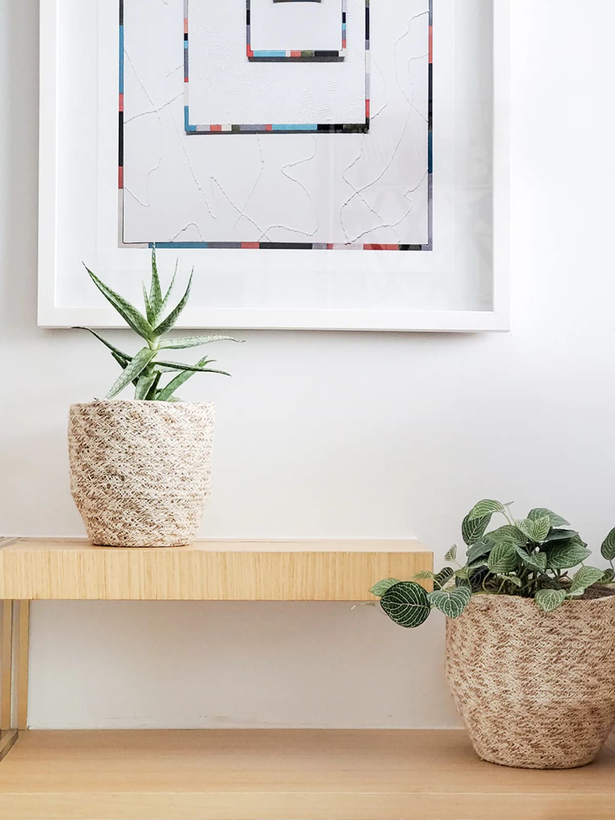 WHITE AND NATURAL WOVEN JUTE PLANT BASKET SET OF 2