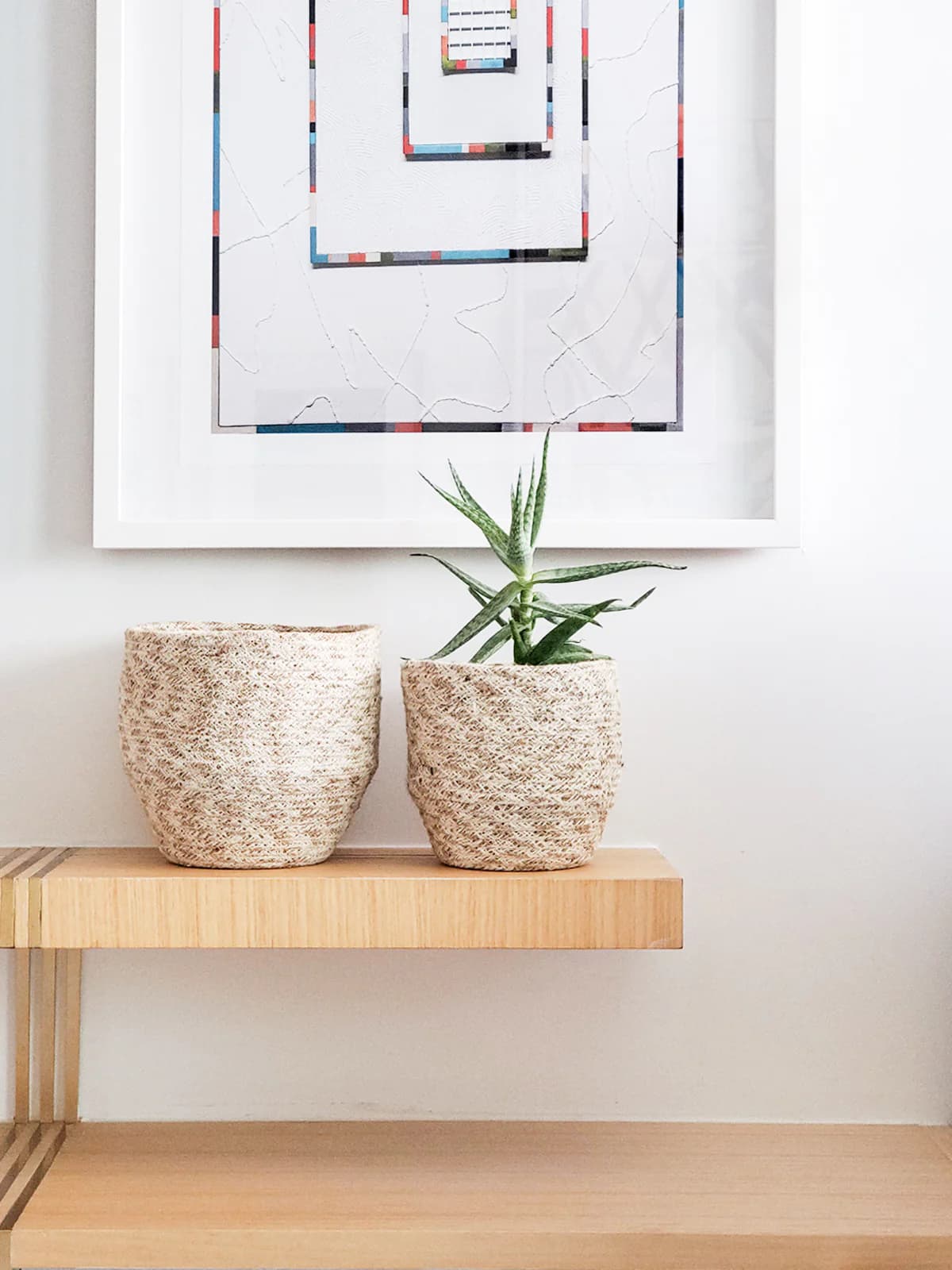 WHITE AND NATURAL WOVEN JUTE PLANT BASKET SET OF 2