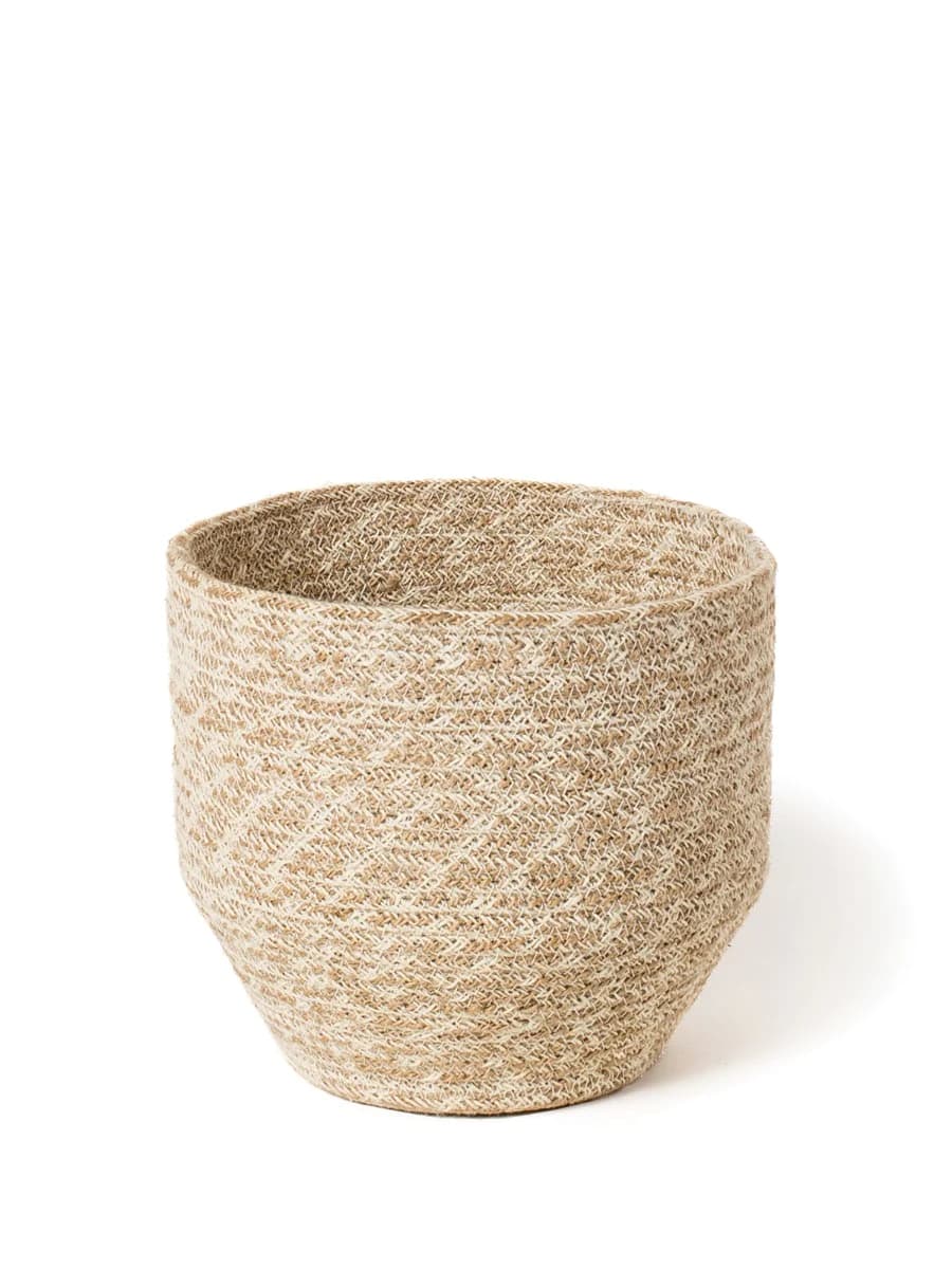 WHITE AND NATURAL WOVEN JUTE PLANT BASKET SET OF 2