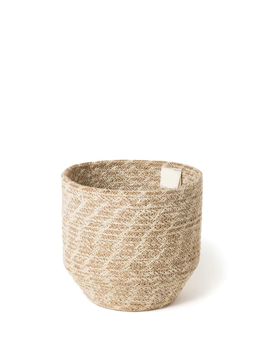 WHITE AND NATURAL WOVEN JUTE PLANT BASKET SET OF 2