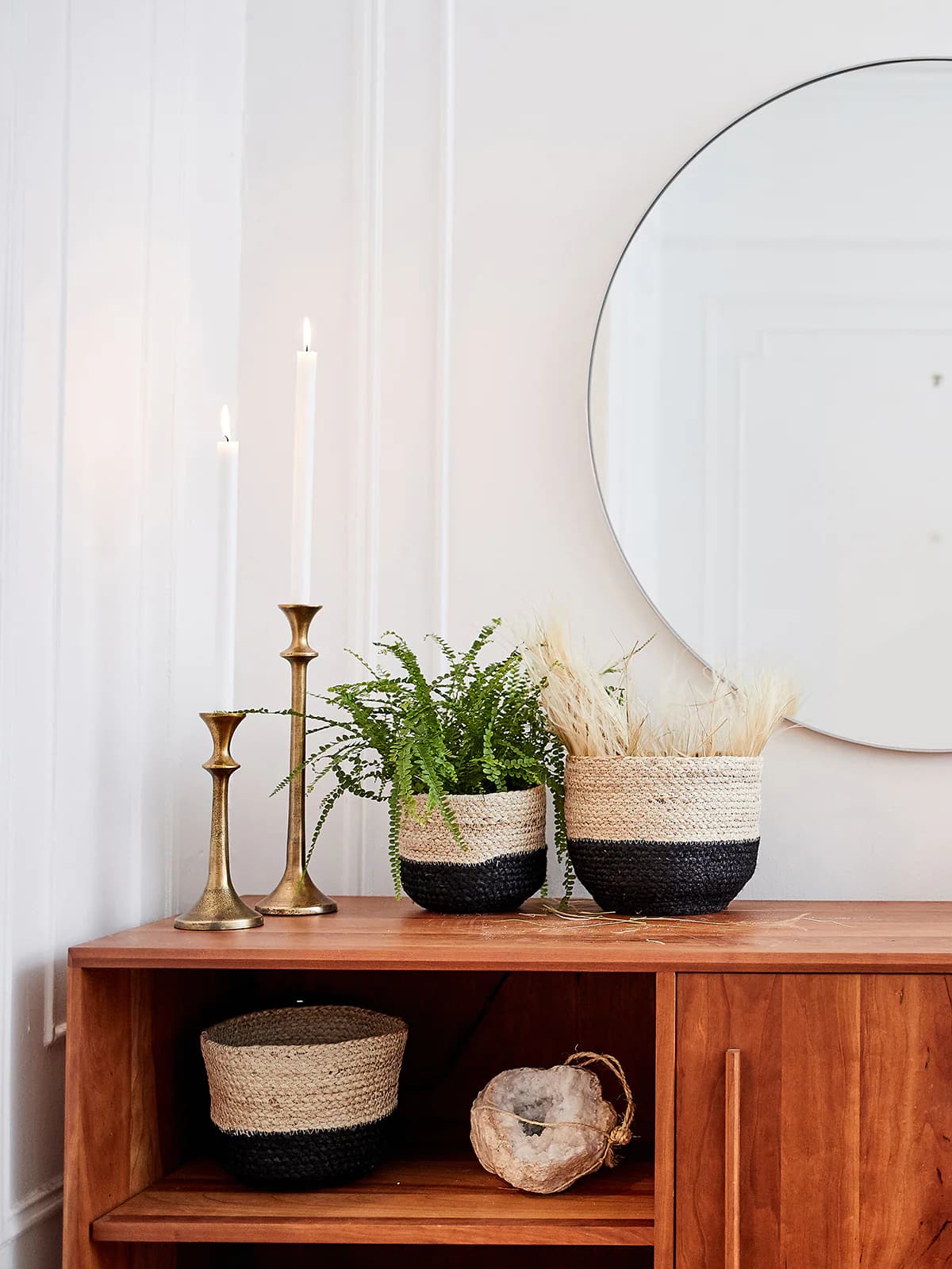 BLACK AND NATURAL BRAIDED JUTE PLANT BASKET SET OF 3