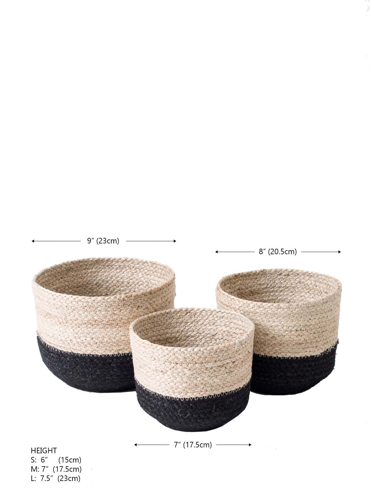 BLACK AND NATURAL BRAIDED JUTE PLANT BASKET SET OF 3