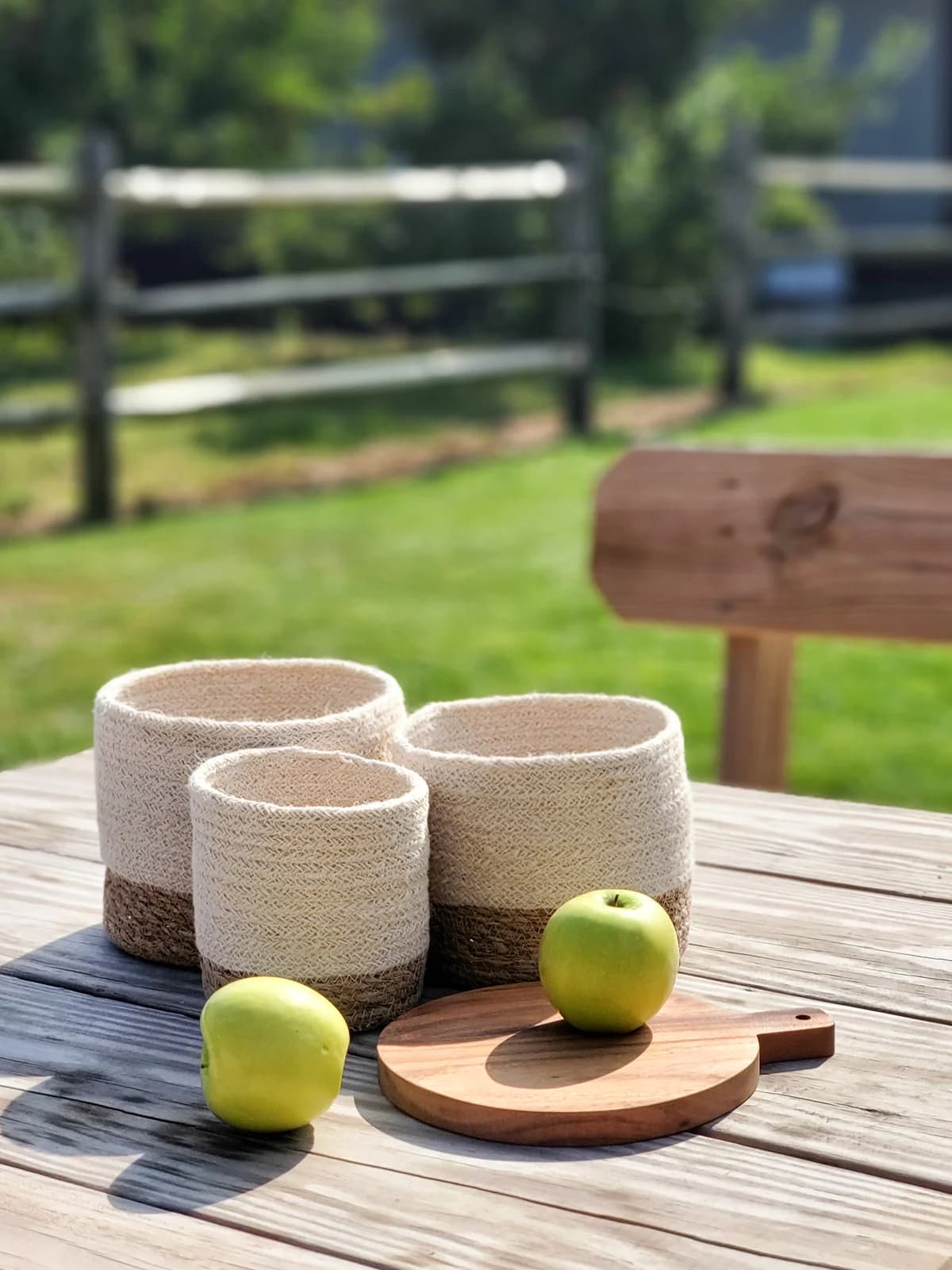 WHITE AND NATURAL BRAIDED JUTE PLANT BASKET SET OF 3