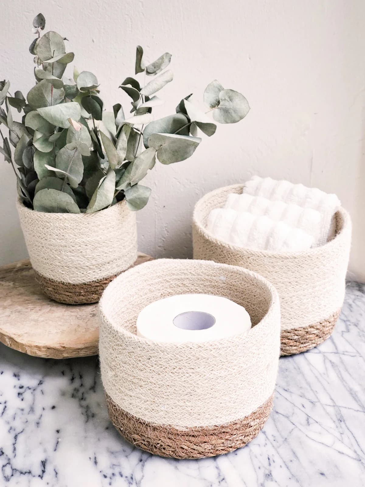 WHITE AND NATURAL BRAIDED JUTE PLANT BASKET SET OF 3