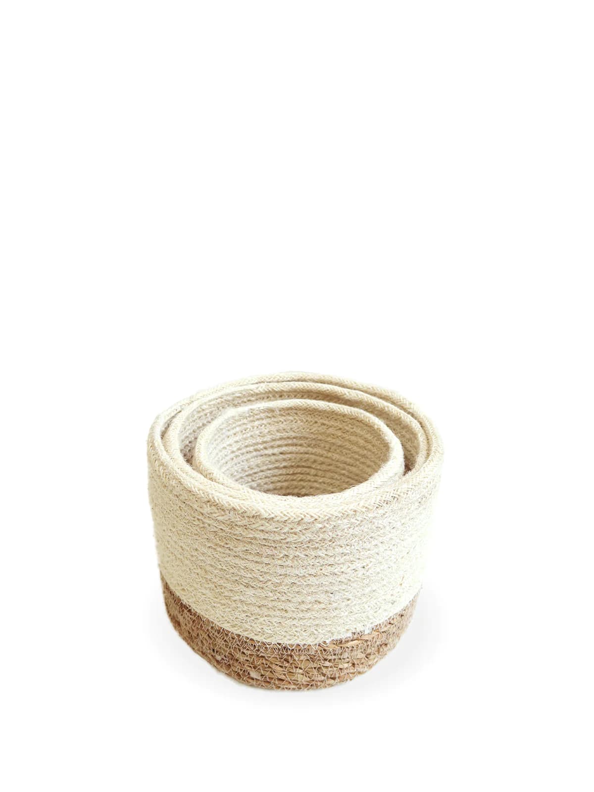 WHITE AND NATURAL BRAIDED JUTE PLANT BASKET SET OF 3