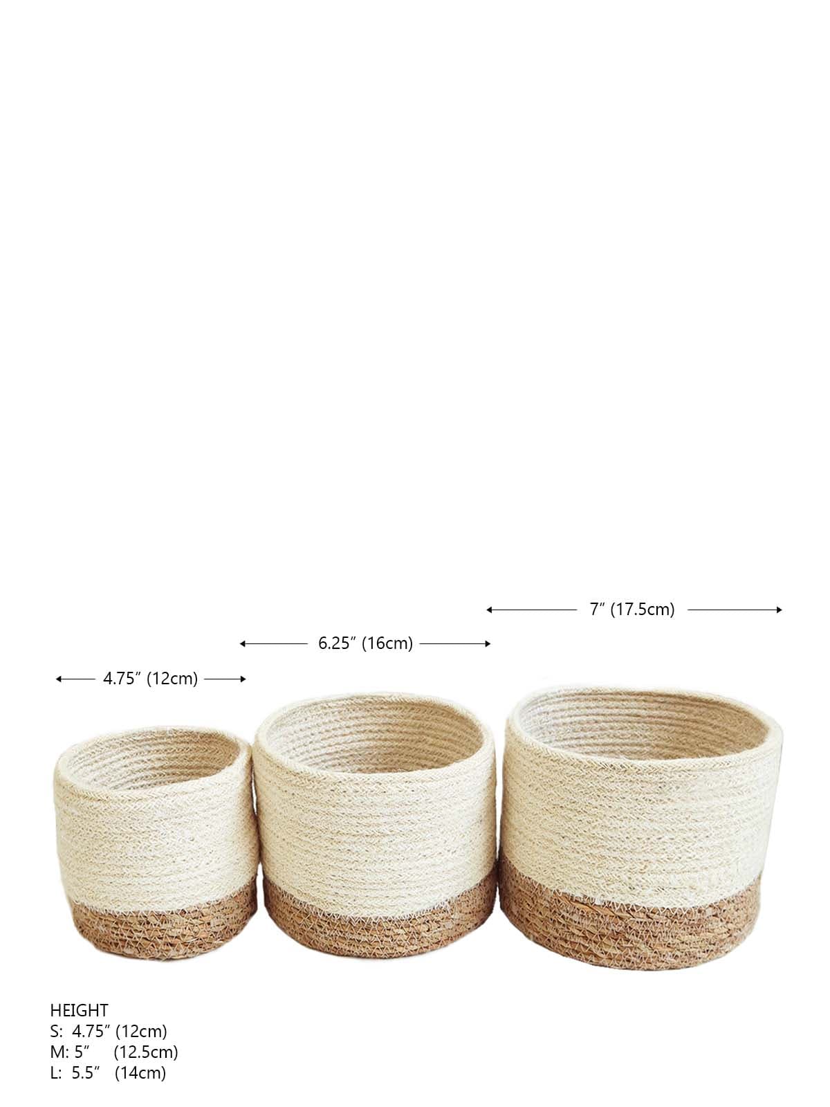 WHITE AND NATURAL BRAIDED JUTE PLANT BASKET SET OF 3