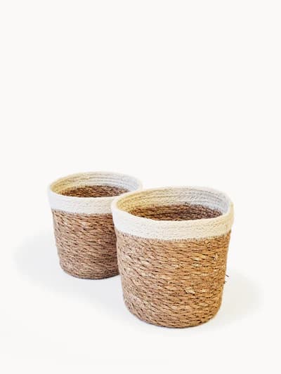 NATURAL JUTE WOVEN PLANT BASKET WITH WHITE BORDER SET OF 2