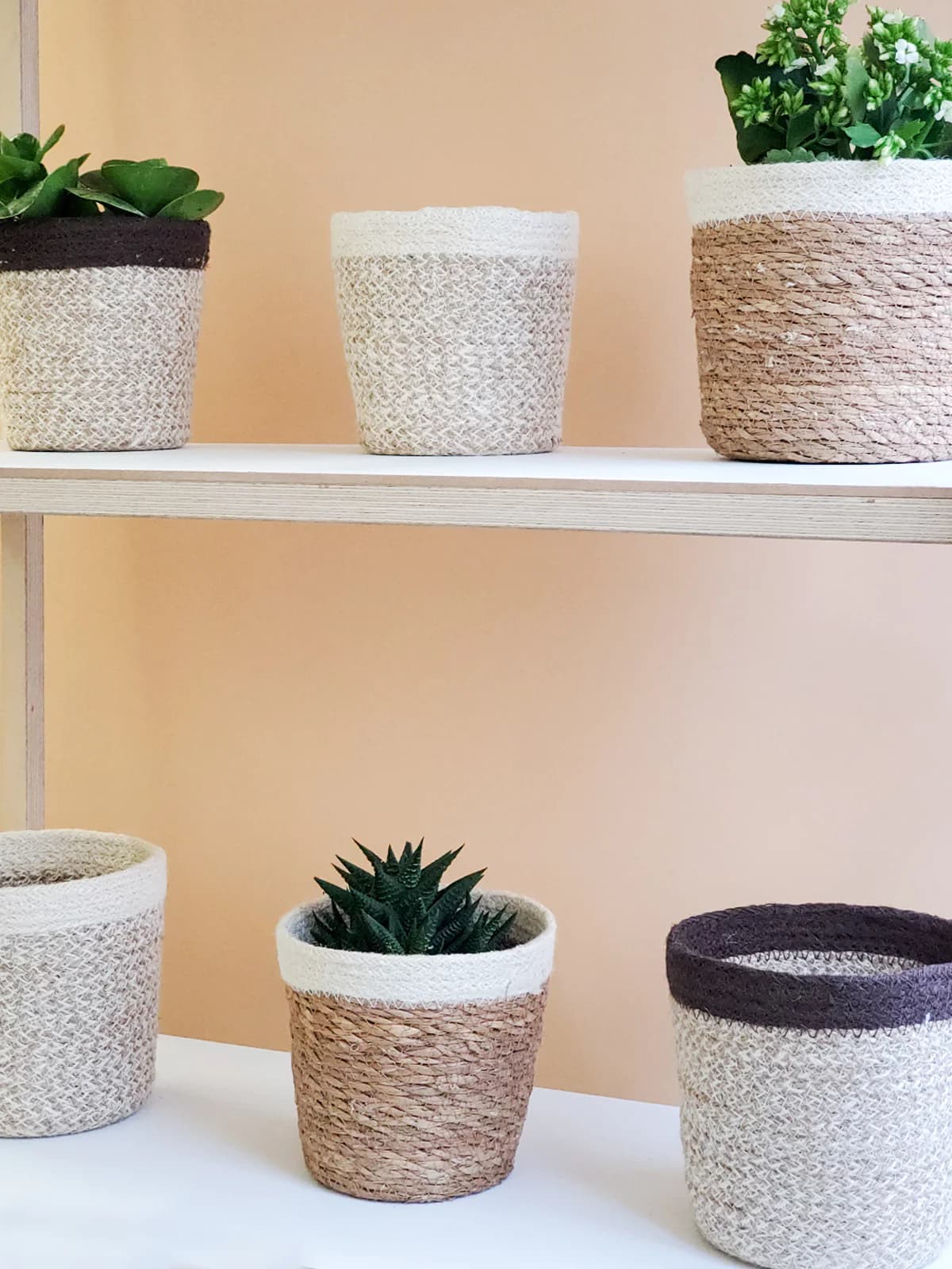 NATURAL JUTE WOVEN PLANT BASKET WITH WHITE BORDER SET OF 2