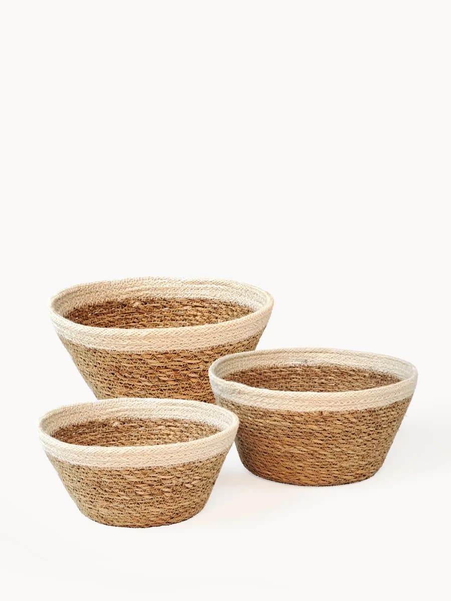 WHITE AND NATURAL BRAIDED JUTE PLANT BOWL SET OF 3