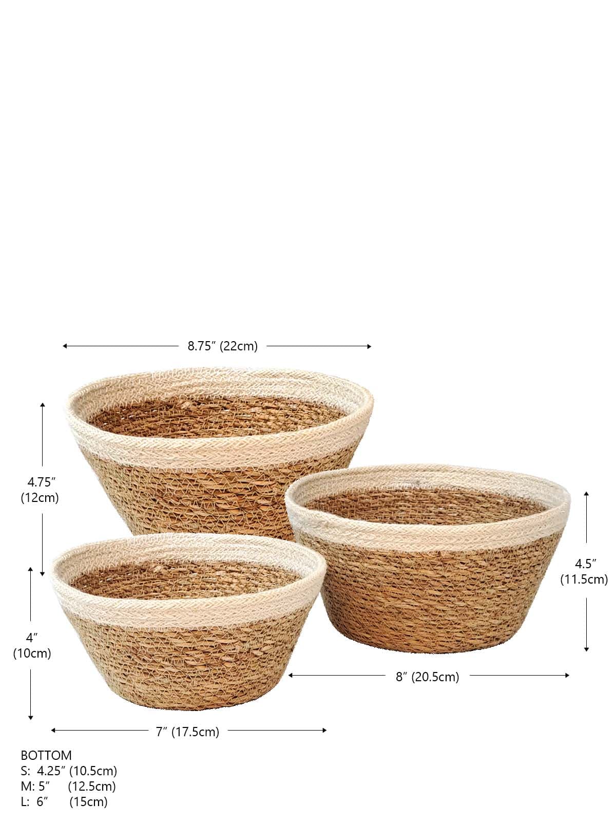 WHITE AND NATURAL BRAIDED JUTE PLANT BOWL SET OF 3