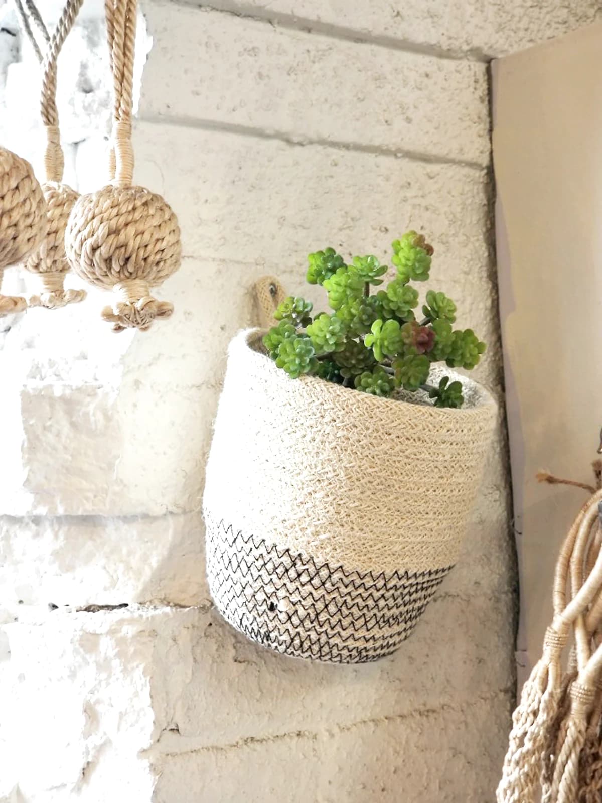 OFF WHITE AND BLACK  JUTE WOVEN PLANT LOOP BIN SET OF 2