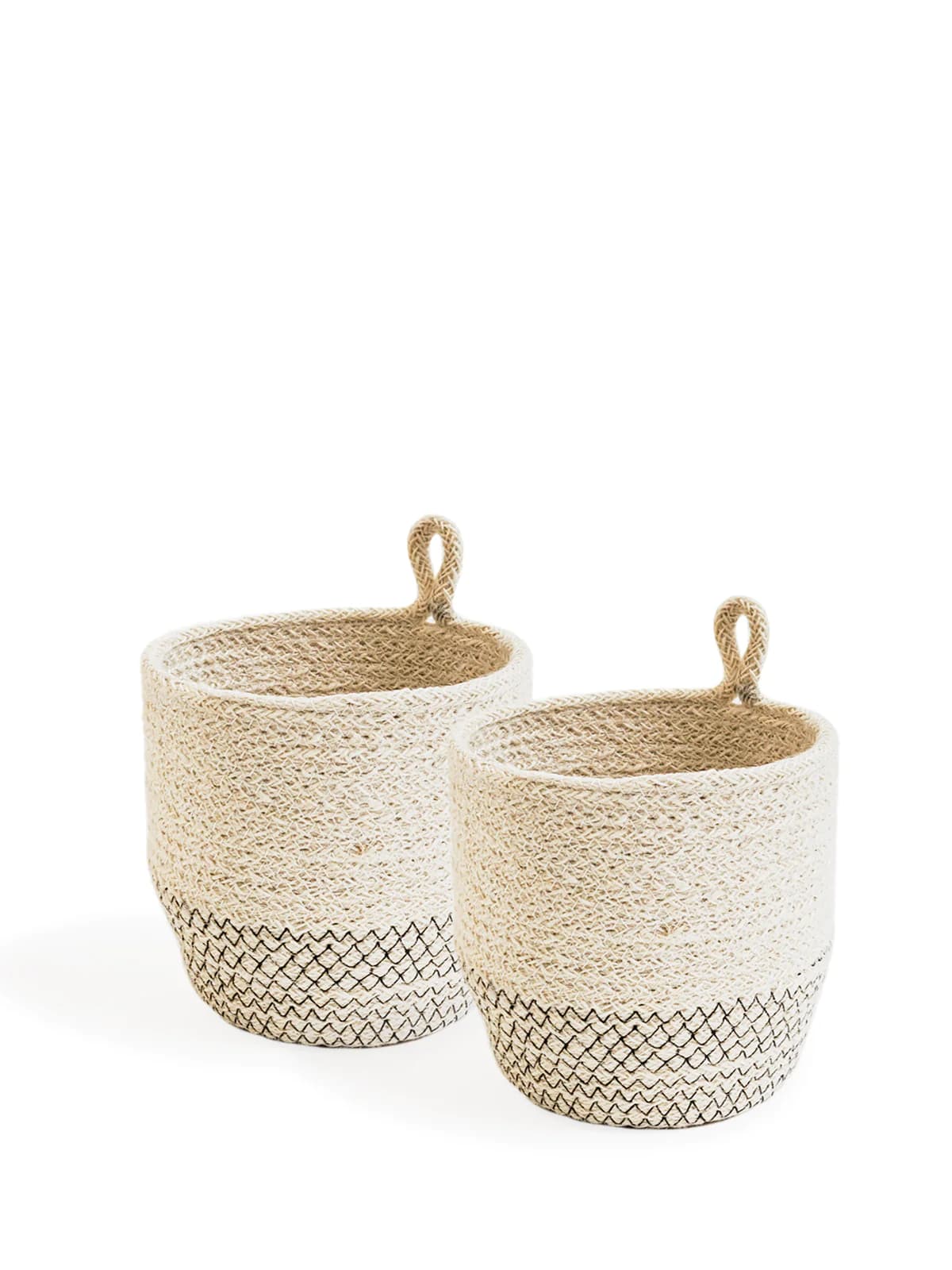 OFF WHITE AND BLACK  JUTE WOVEN PLANT LOOP BIN SET OF 2
