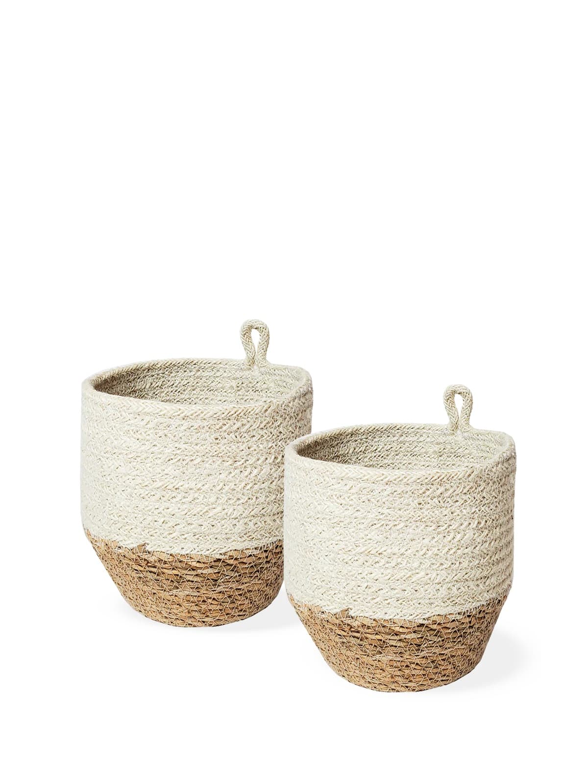 WHITE AND NATURAL JUTE WOVEN PLANT LOOP BIN SET OF 2
