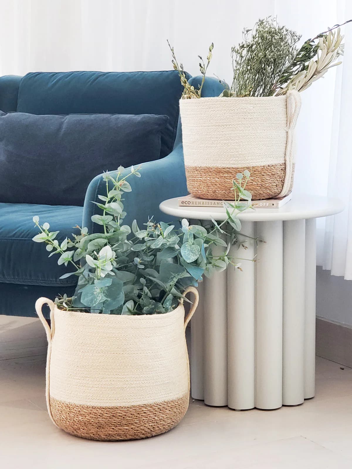 NATURAL JUTE WOVEN PLANT BASKET WITH SIDE HANDLE  SET OF 2