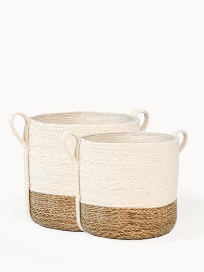 NATURAL JUTE WOVEN PLANT BASKET WITH SIDE HANDLE  SET OF 2