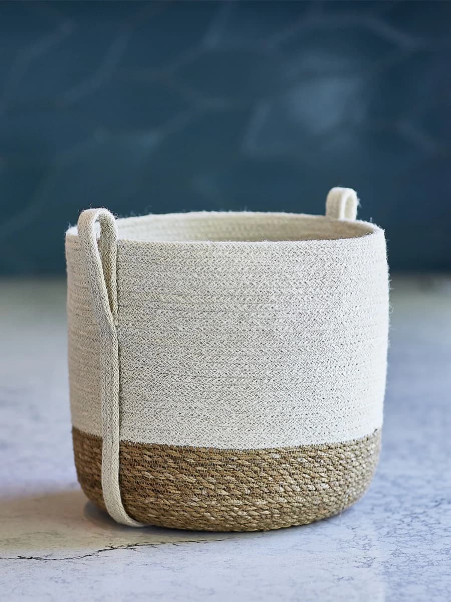 NATURAL JUTE WOVEN PLANT BASKET WITH SIDE HANDLE  SET OF 2
