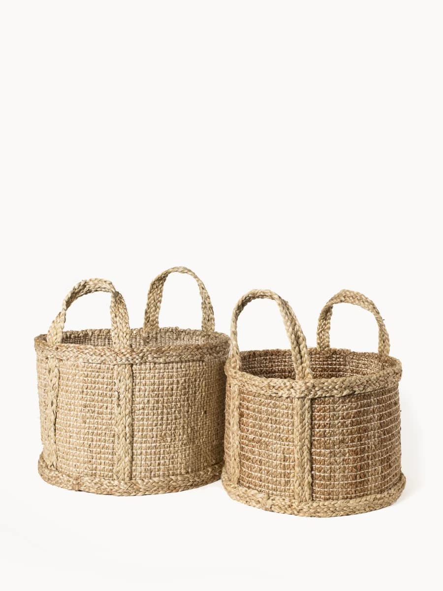 JUTE WOVEN PLANT BASKET WITH SIDE HANDLE  SET OF 2