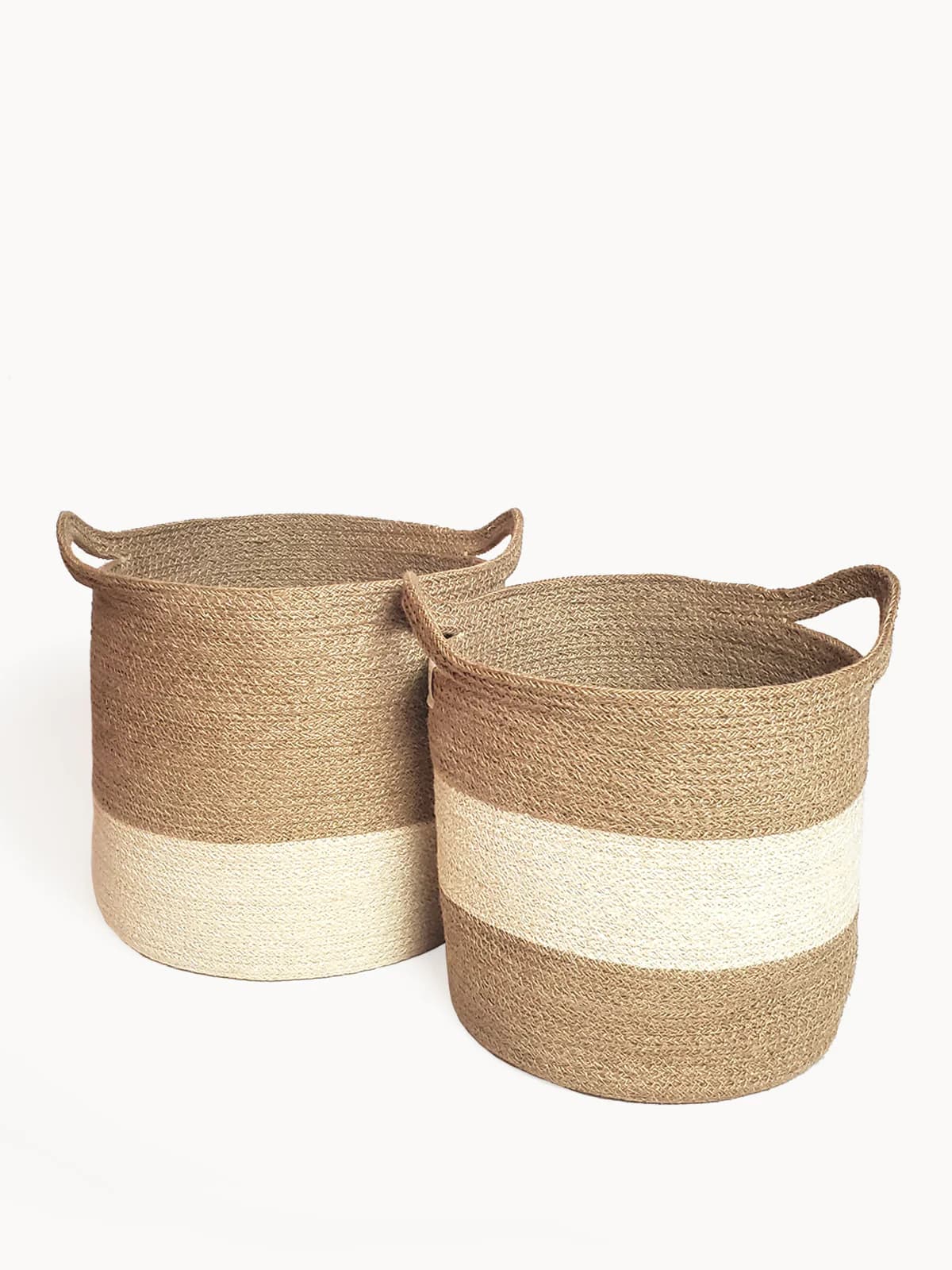 COLOR BLOCK JUTE WOVEN PLANT BASKET WITH SIDE HANDLE  SET OF 2
