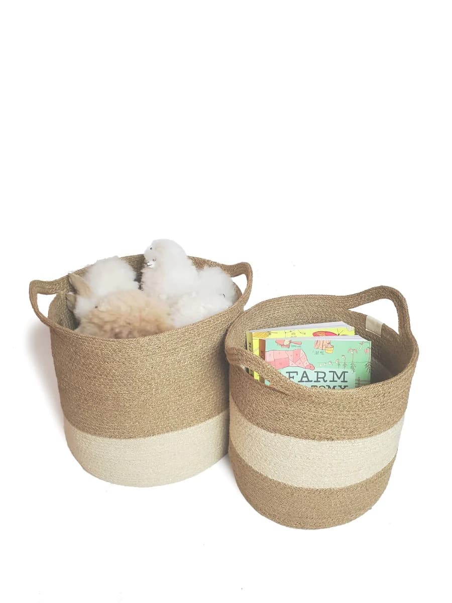 COLOR BLOCK JUTE WOVEN PLANT BASKET WITH SIDE HANDLE  SET OF 2