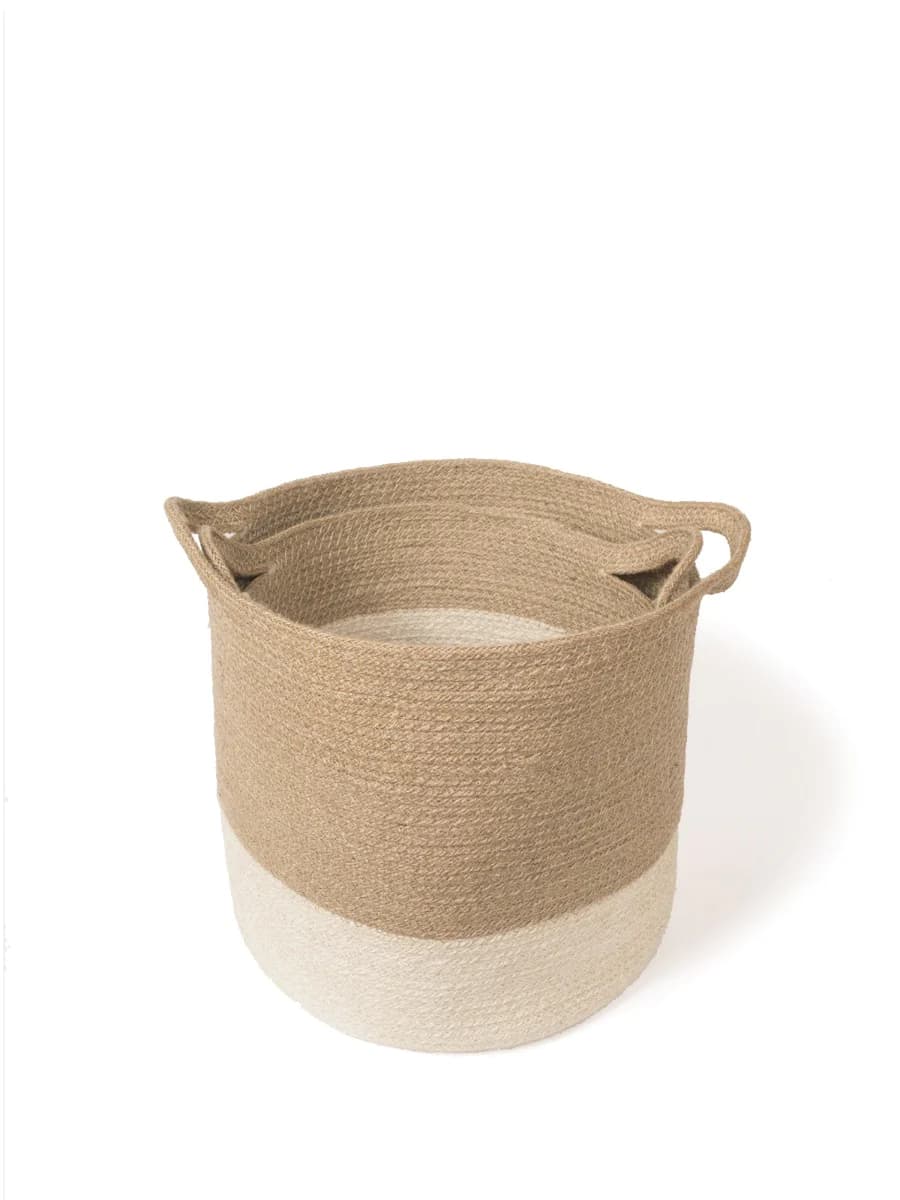 COLOR BLOCK JUTE WOVEN PLANT BASKET WITH SIDE HANDLE  SET OF 2