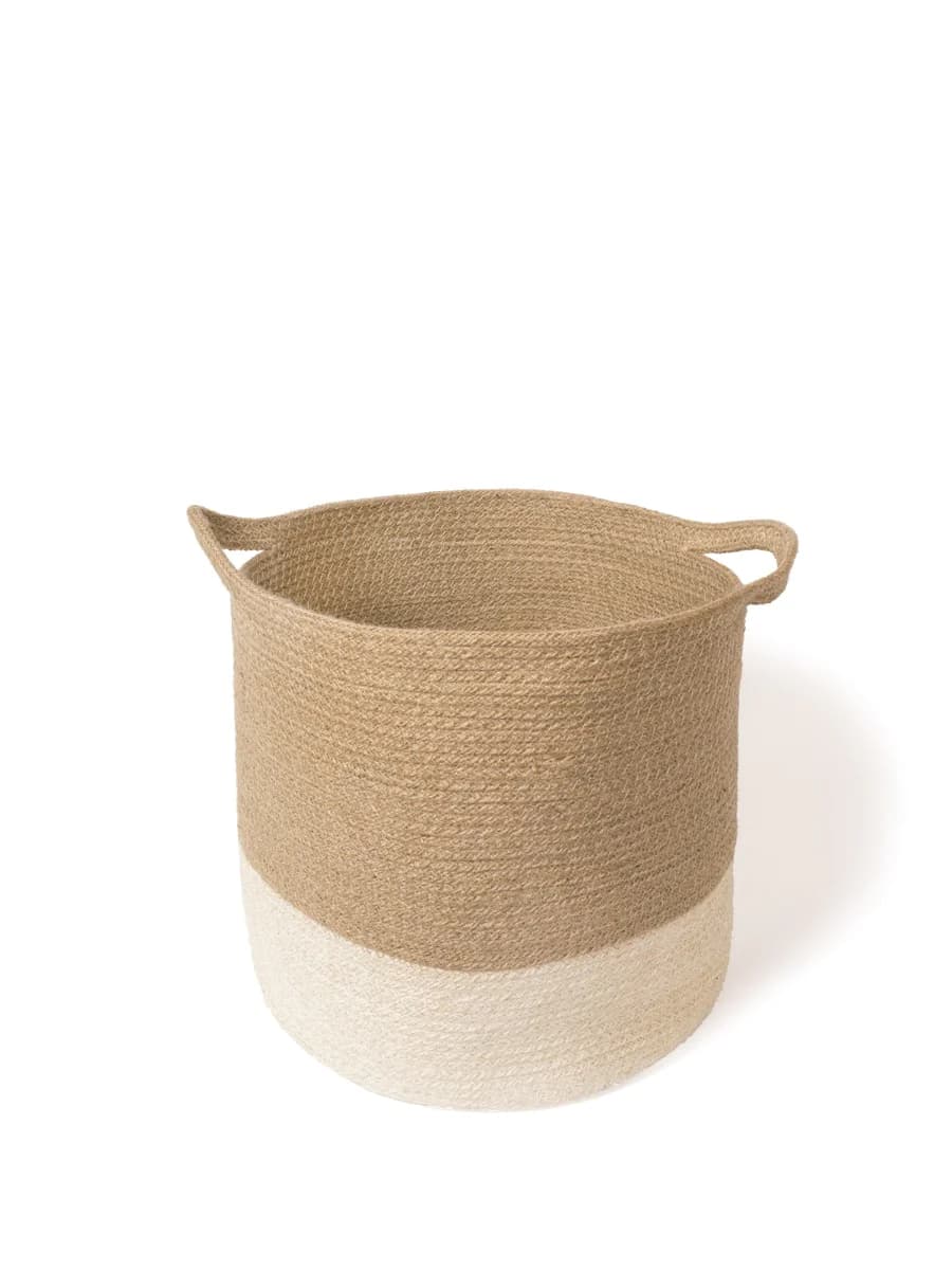 COLOR BLOCK JUTE WOVEN PLANT BASKET WITH SIDE HANDLE  SET OF 2