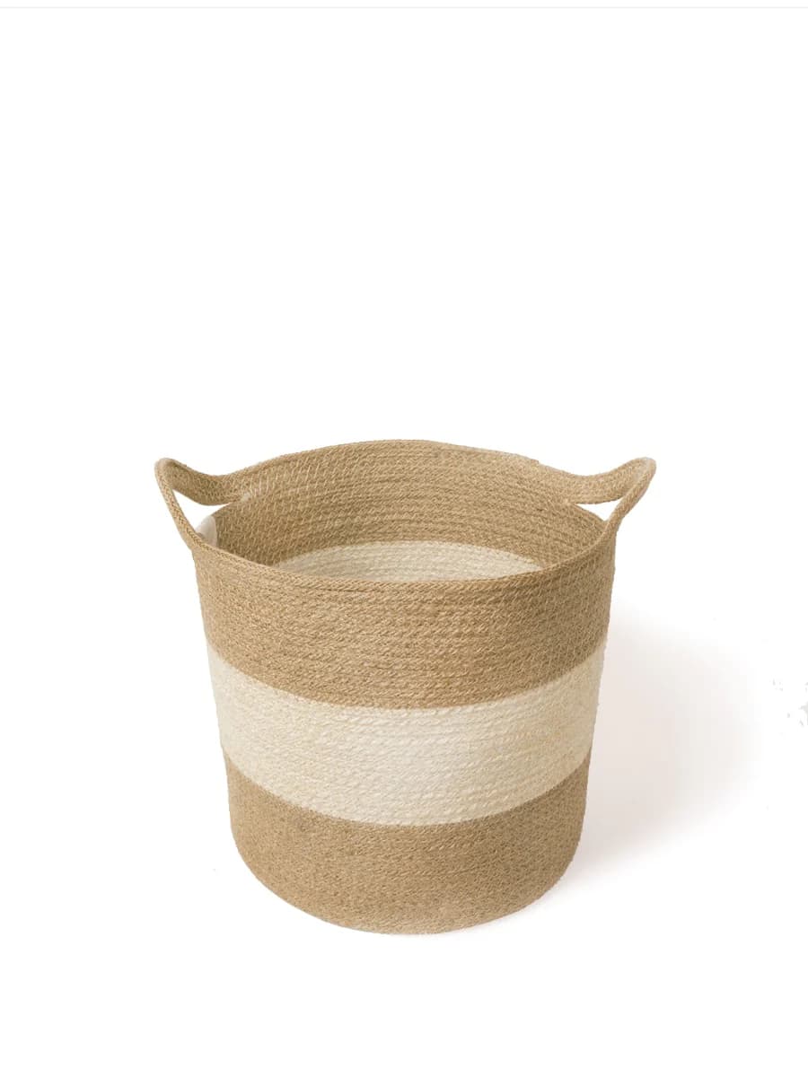 COLOR BLOCK JUTE WOVEN PLANT BASKET WITH SIDE HANDLE  SET OF 2