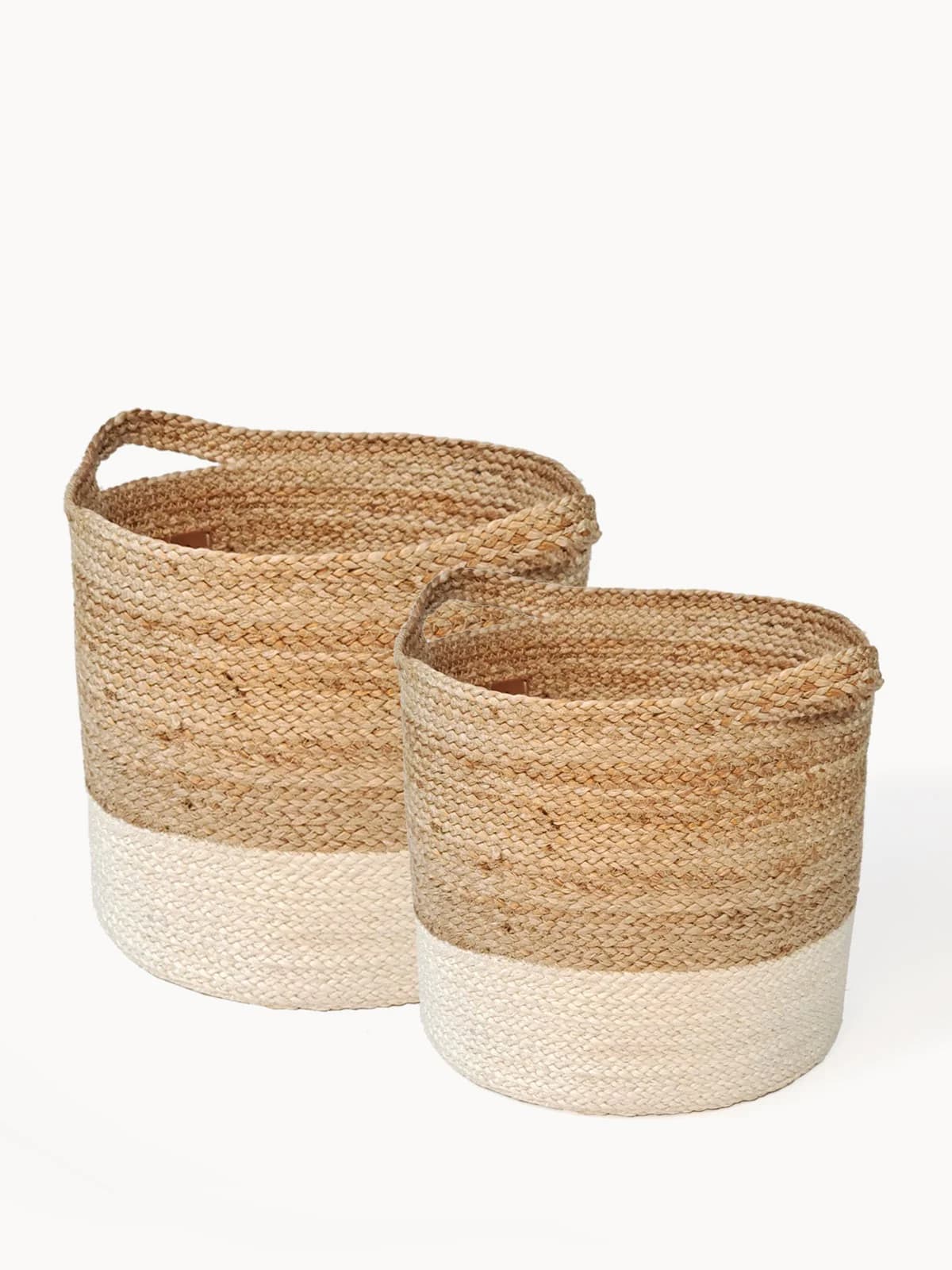 COLOR BLOCK JUTE PLANT BASKET WITH SIDE HANDLE  SET OF 2