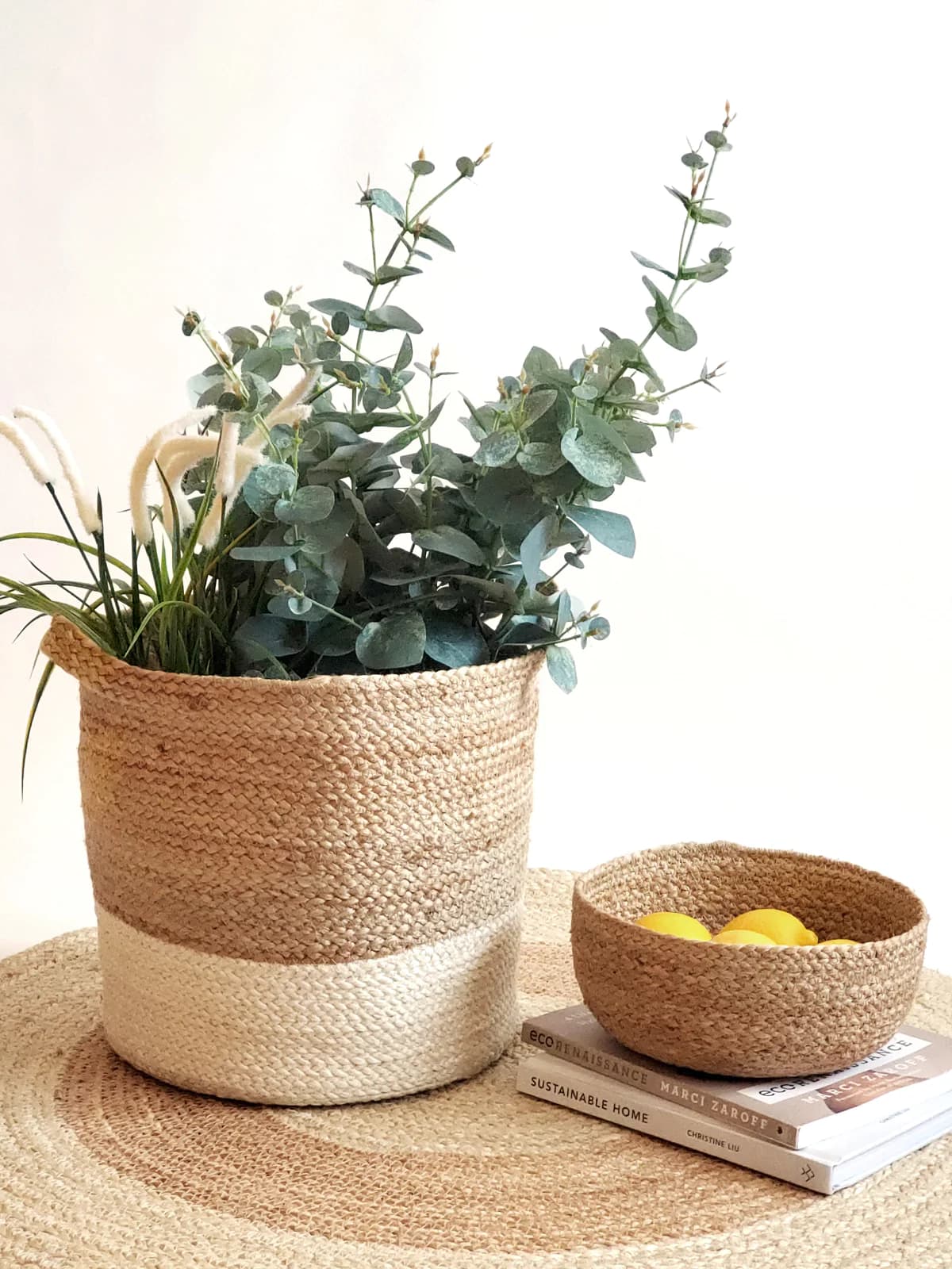COLOR BLOCK JUTE PLANT BASKET WITH SIDE HANDLE  SET OF 2