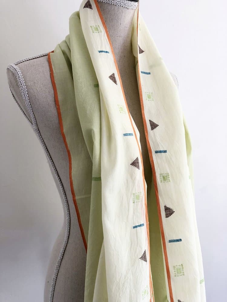 LIME GREEN AND IVORY KHADI SCARF WITH JAMDANI DETAILS