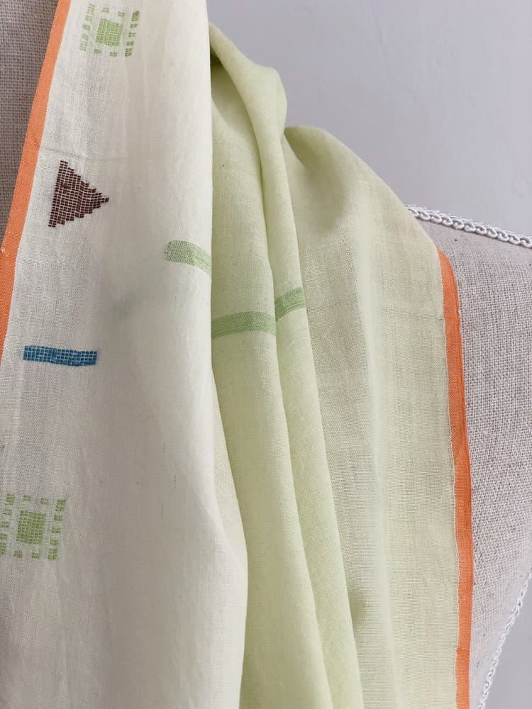 LIME GREEN AND IVORY KHADI SCARF WITH JAMDANI DETAILS