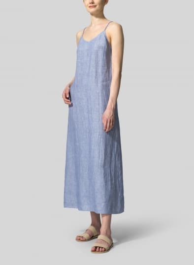 BLUE LINEN V NECK MIDI DRESS