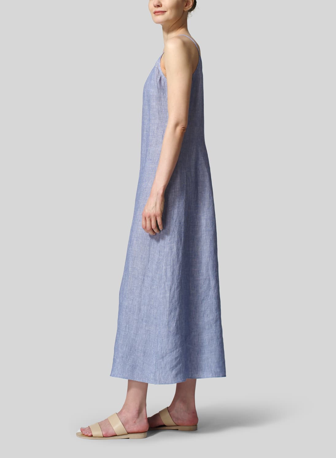 BLUE LINEN V NECK MIDI DRESS