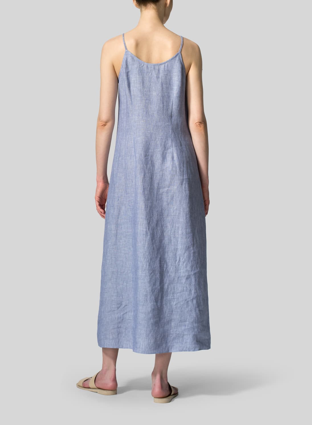 BLUE LINEN V NECK MIDI DRESS