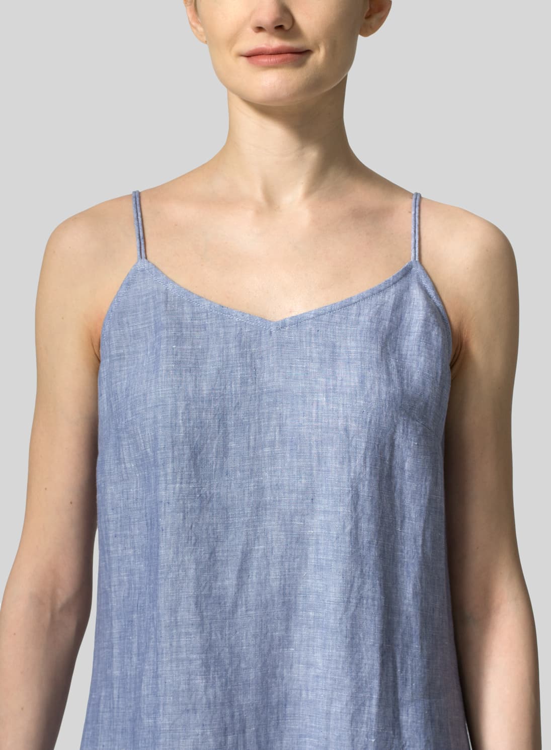 BLUE LINEN V NECK MIDI DRESS