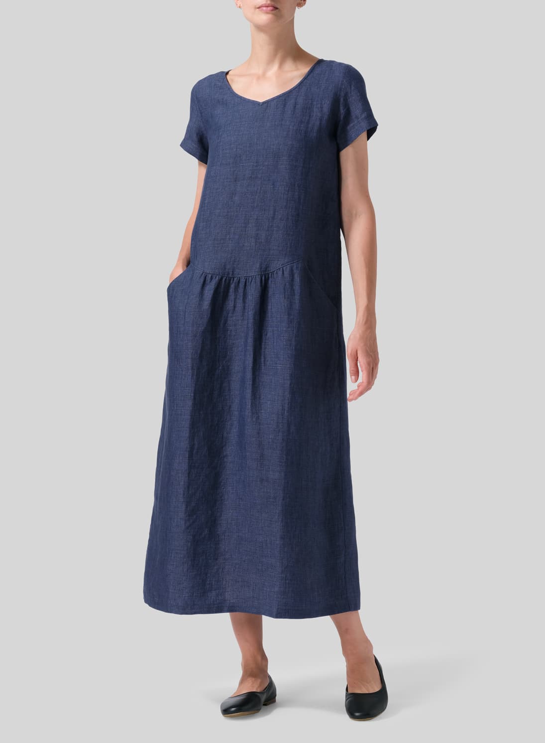 BLUE LINEN SHORT SLEEVE MIDI DRESS