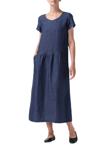 BLUE LINEN SHORT SLEEVE MIDI DRESS