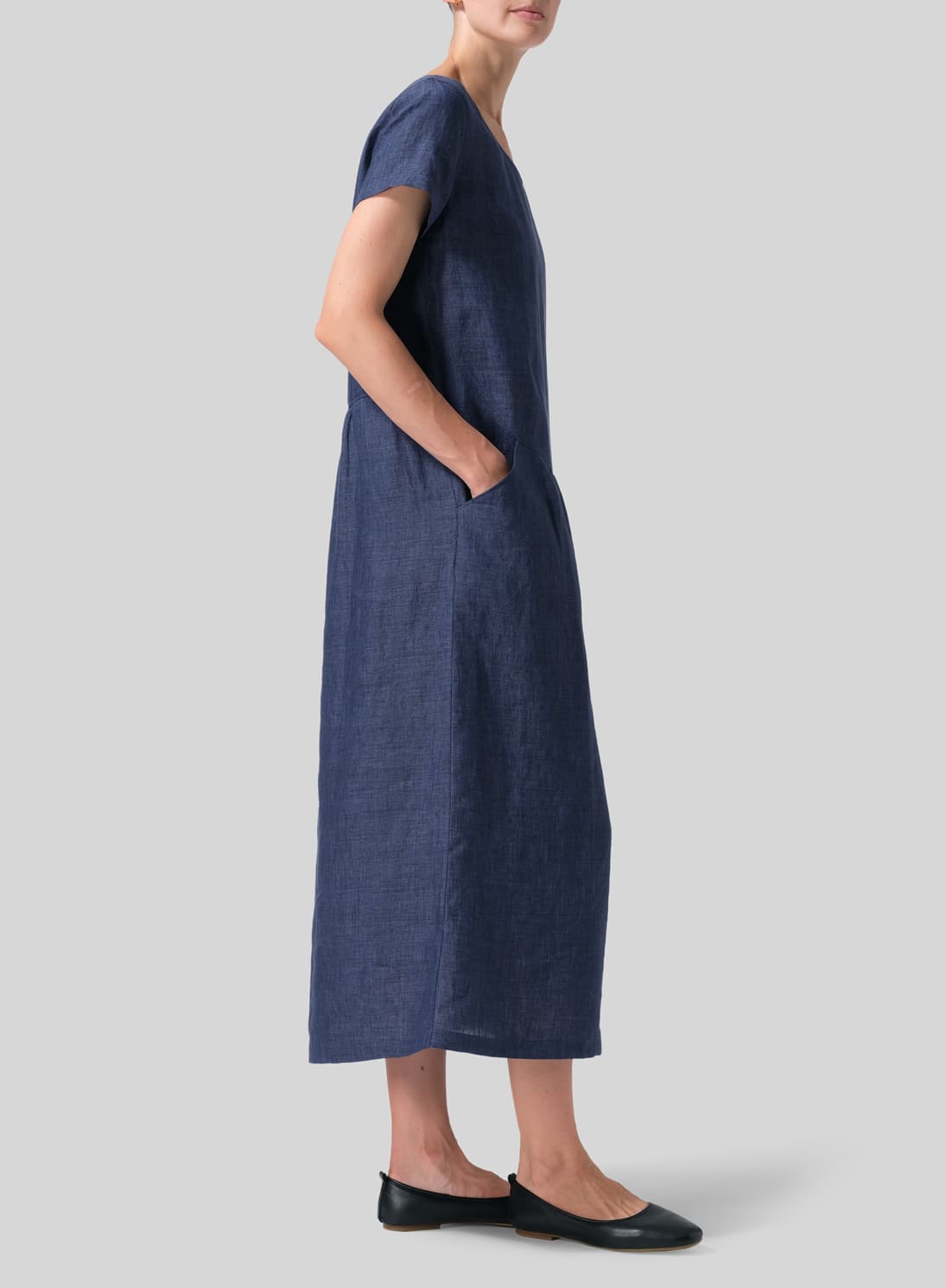 BLUE LINEN SHORT SLEEVE MIDI DRESS