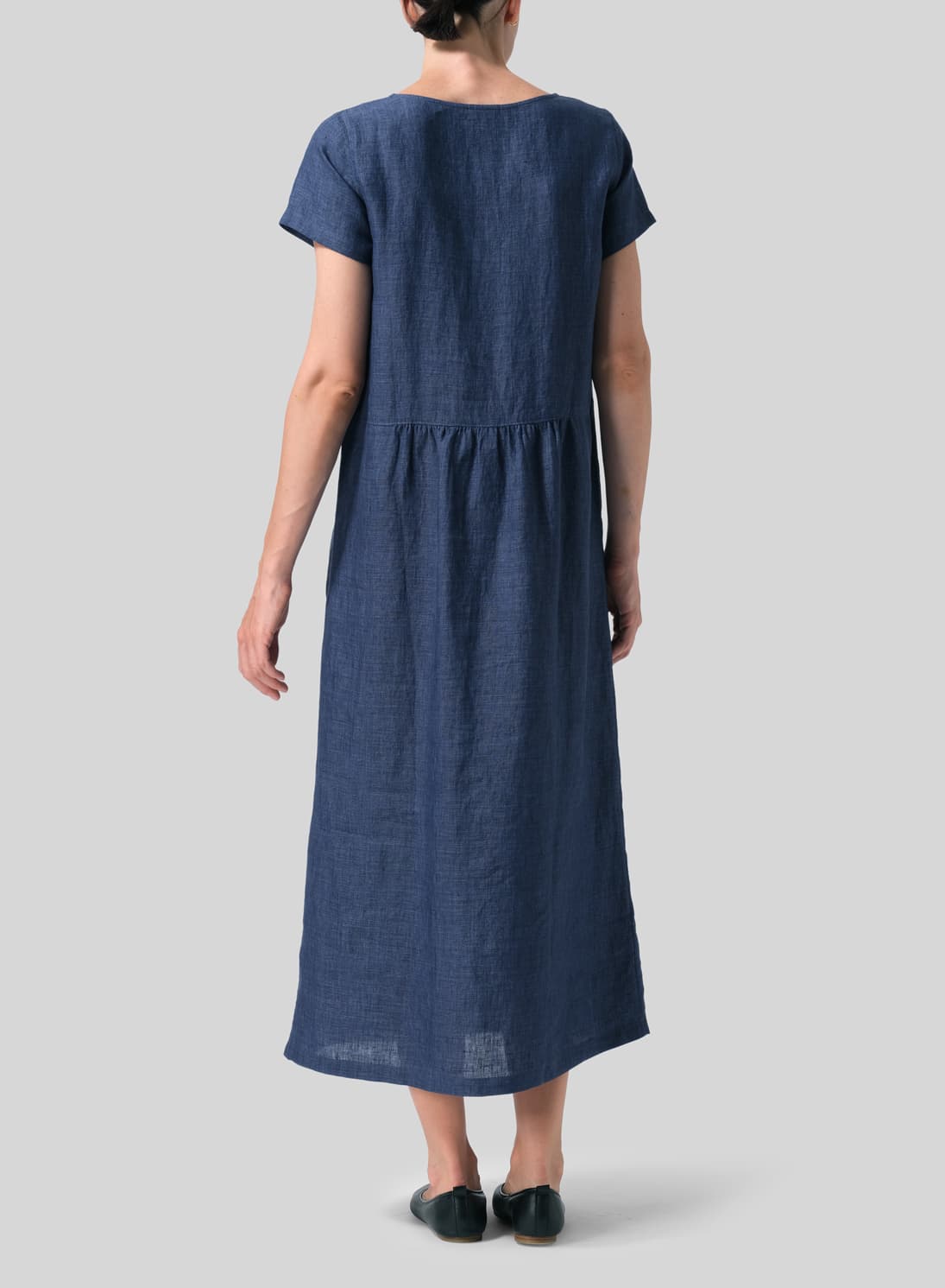 BLUE LINEN SHORT SLEEVE MIDI DRESS
