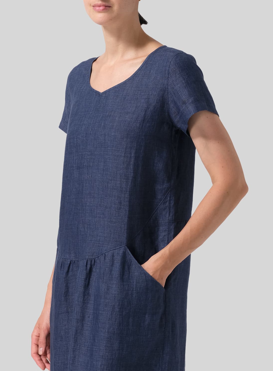 BLUE LINEN SHORT SLEEVE MIDI DRESS