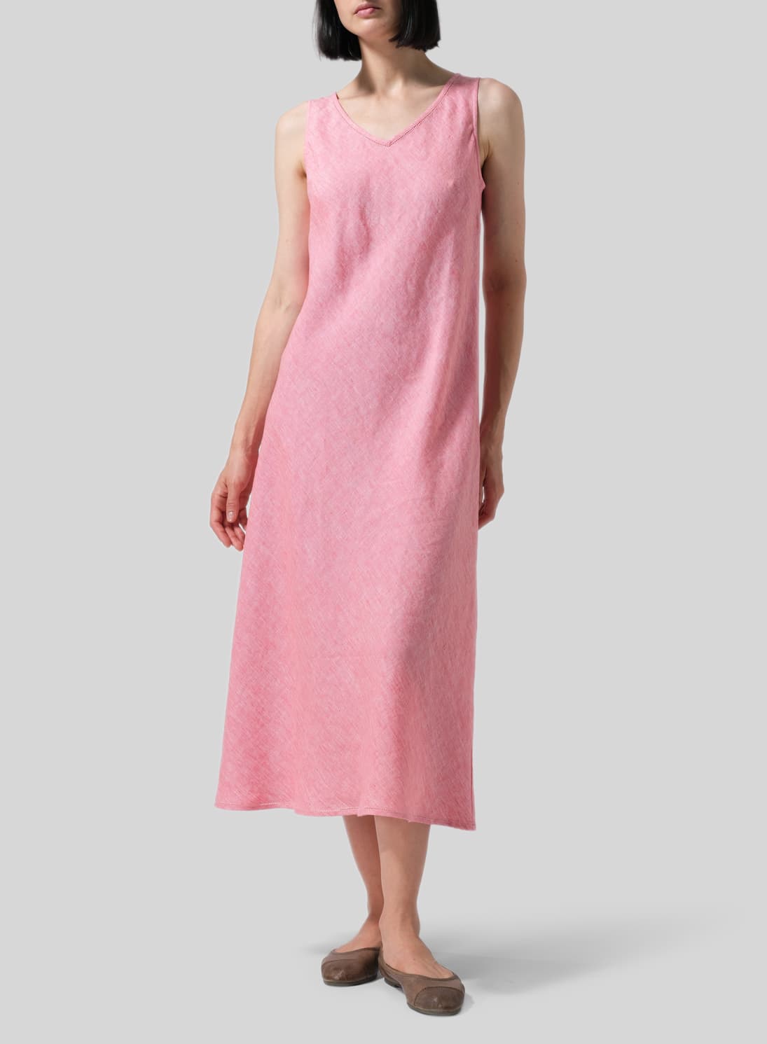 LIGHT CORAL LINEN BIAS CUT SLEEVELESS LONG DRESS