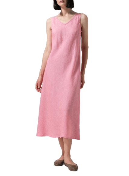 LIGHT CORAL LINEN BIAS CUT SLEEVELESS LONG DRESS