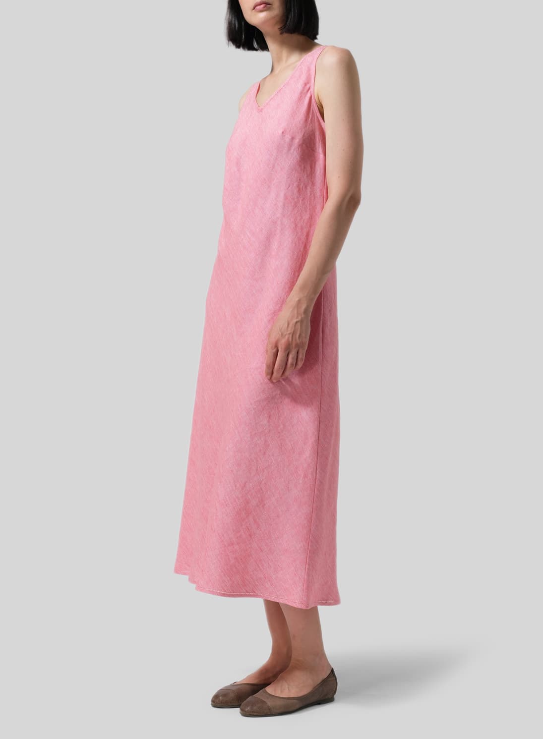 LIGHT CORAL LINEN BIAS CUT SLEEVELESS LONG DRESS
