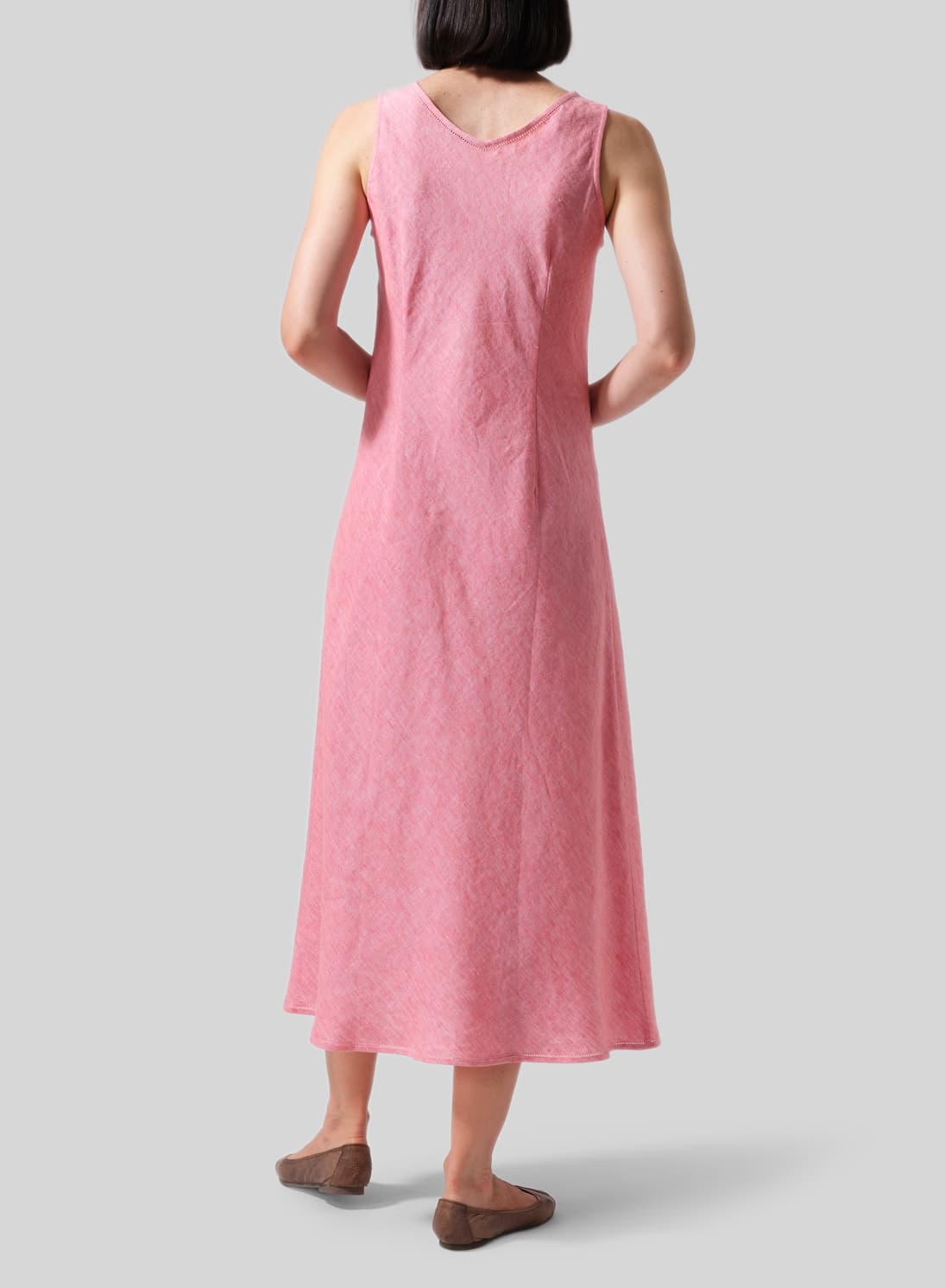 LIGHT CORAL LINEN BIAS CUT SLEEVELESS LONG DRESS