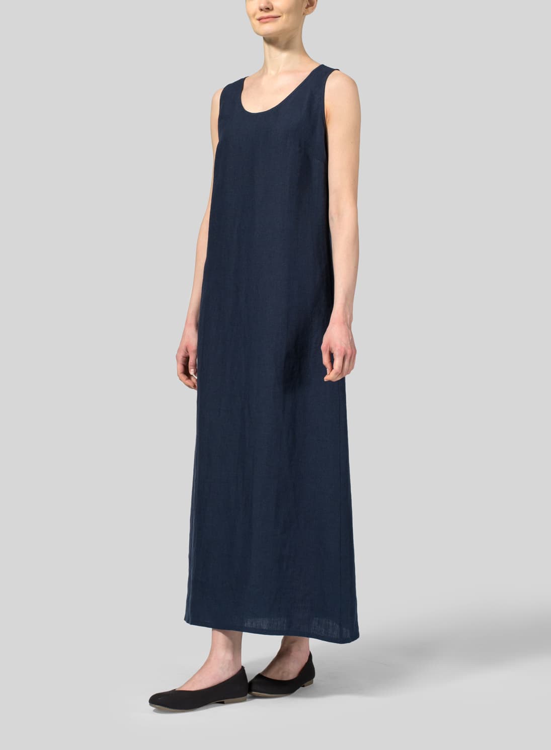 BLACK LINEN SCOOP NECK SLEEVELESS LONG DRESS