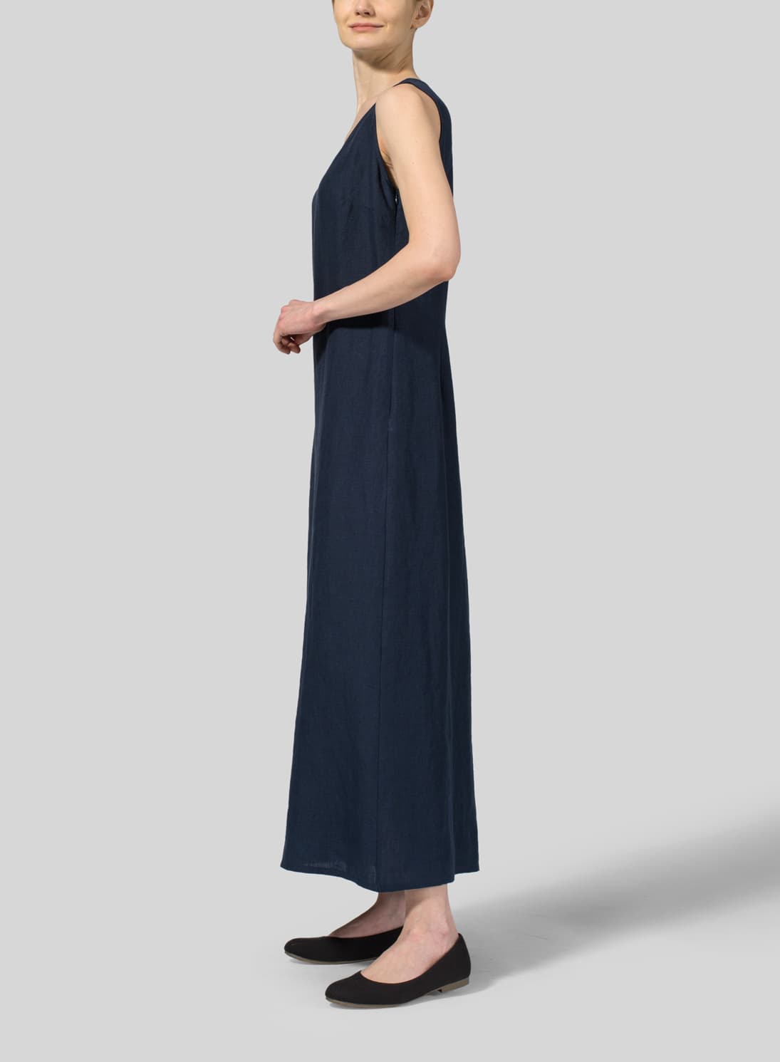 BLACK LINEN SCOOP NECK SLEEVELESS LONG DRESS
