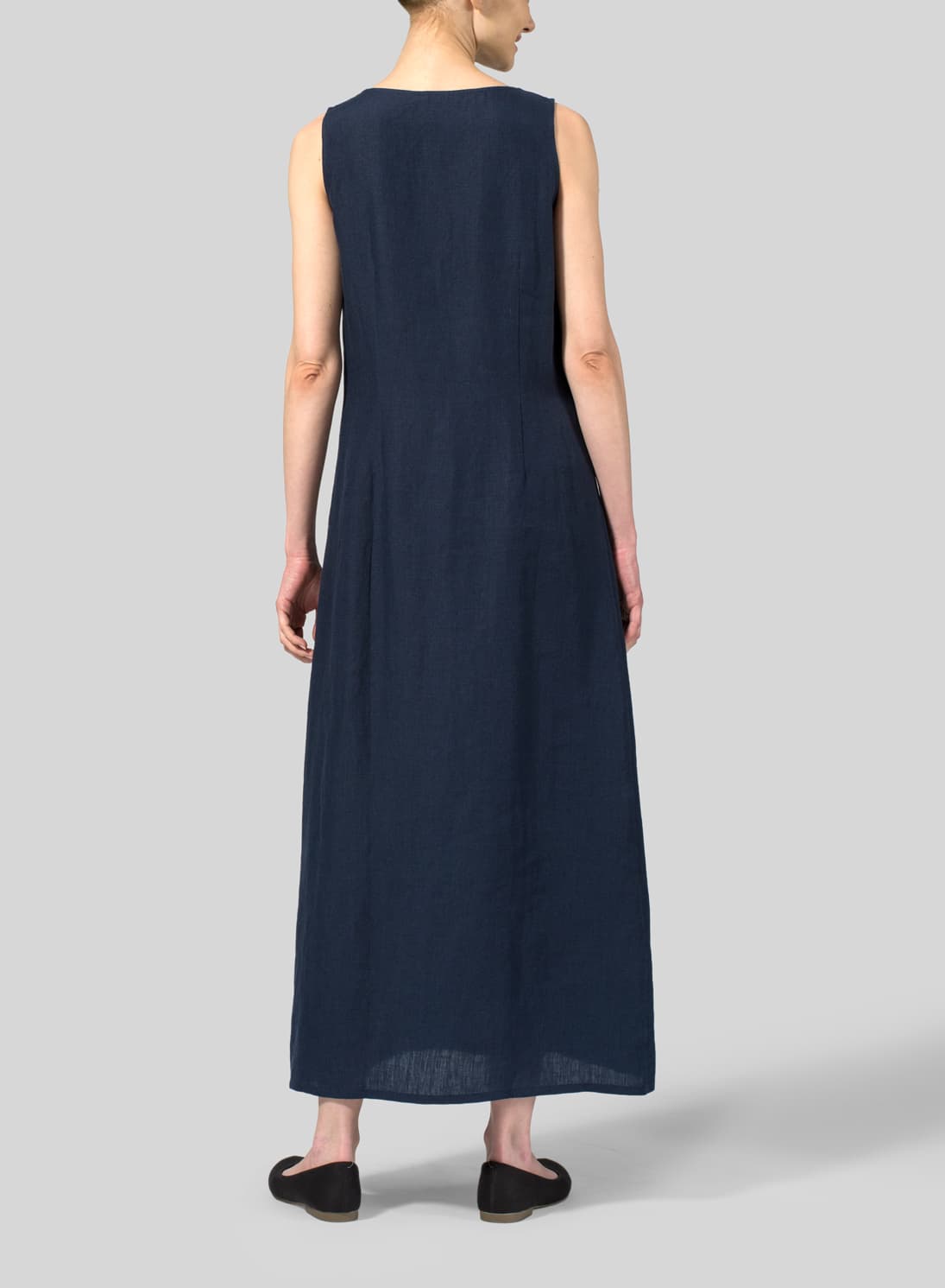 BLACK LINEN SCOOP NECK SLEEVELESS LONG DRESS