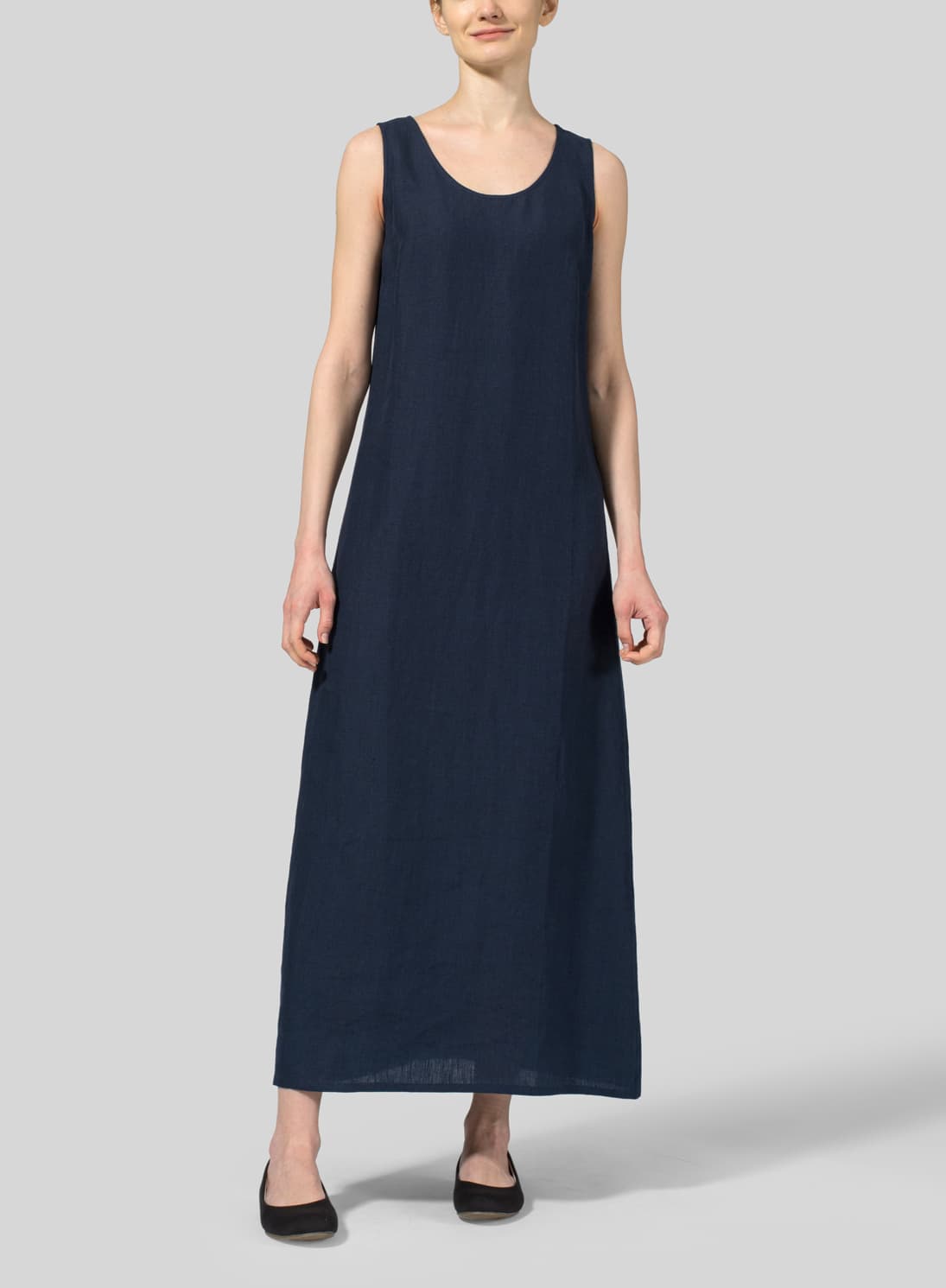BLACK LINEN SCOOP NECK SLEEVELESS LONG DRESS