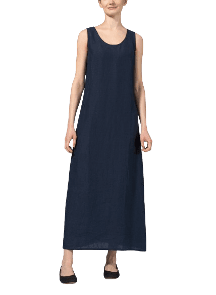 BLACK LINEN SCOOP NECK SLEEVELESS LONG DRESS