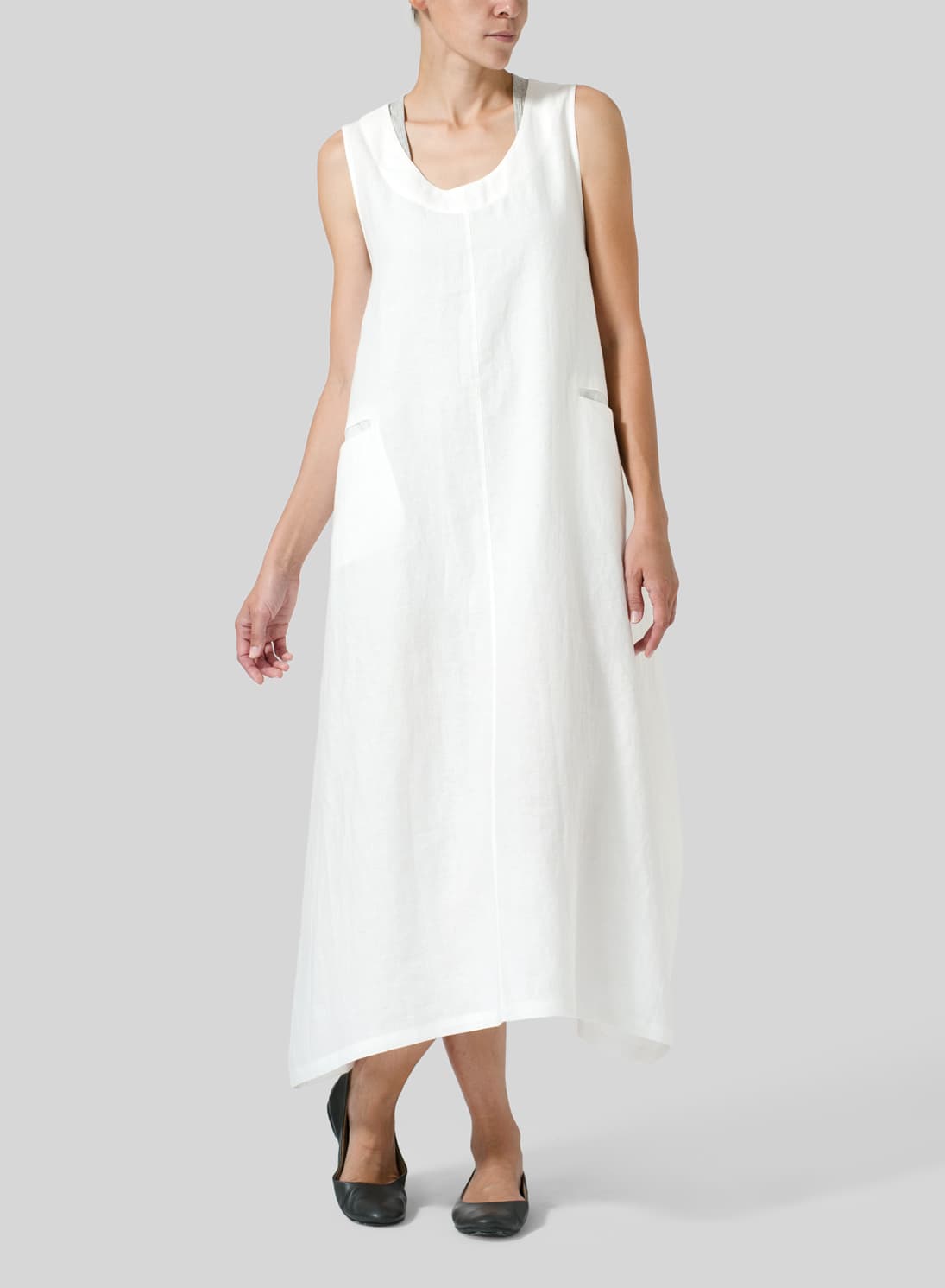 WHITE LINEN SLEEVELESS LONG DRESS